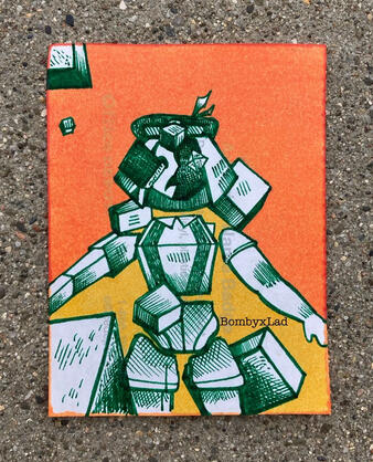 Hatched drawing in green ink. ENA stands, frowning and terrified, arms slightly out from her sides. Crystalline cubes form around her. The background is orange to contrast her body