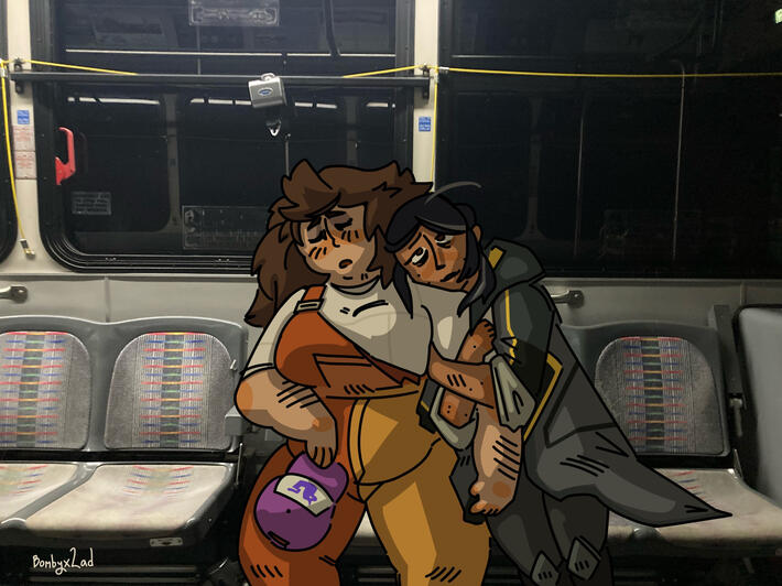 Digital drawing atop a photo. Andi and Frankie from Knights of Guinevere ride the bus at night. Frankie has dozed off, hat in her lap, snoring. Andi is still awake, contentedly clinging to Frankie's arm, looking up at the ceiling