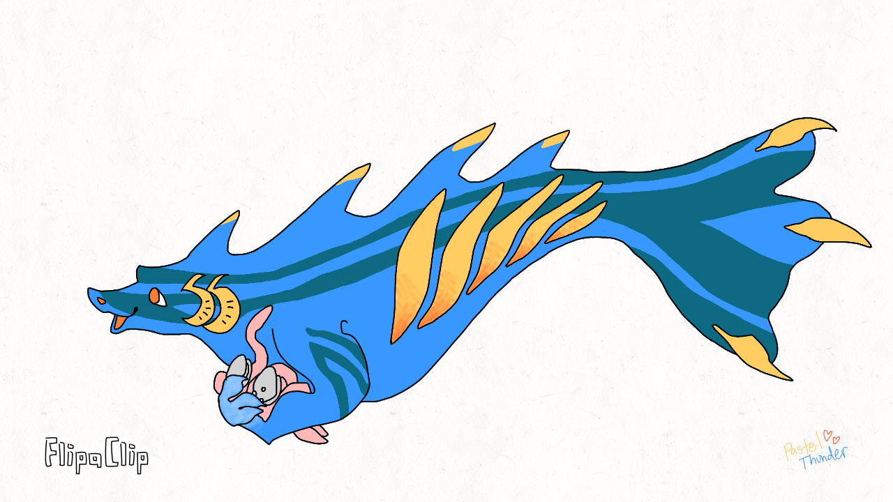 A blue sea dragon swims to the left, holding an armful of shellfish and squid to eat