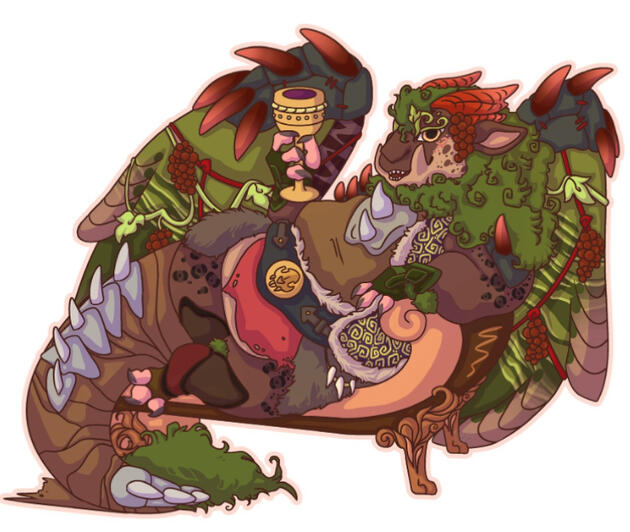 A brown dragon reclines on a chair, decorated in grapes and drinking wine