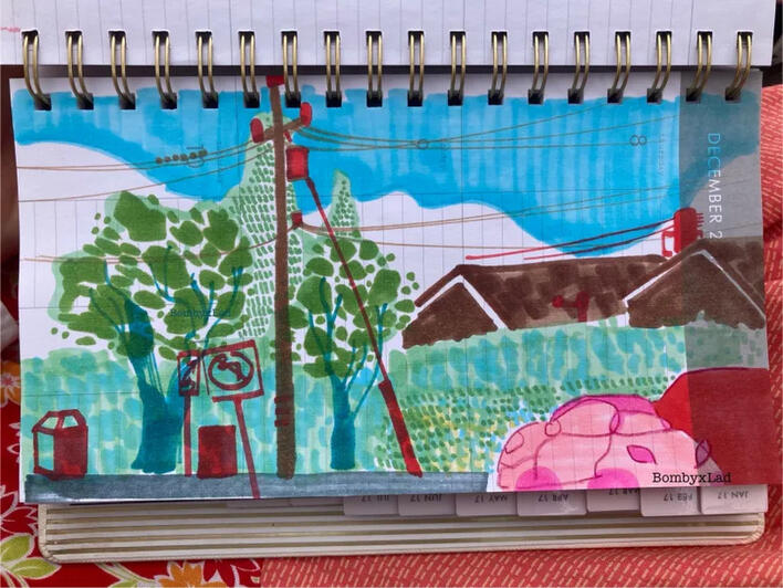 Marker drawing of an urban area, done inside an academic planner from 2017. Some houses are hidden behind a collection of trees and bushes. Human-made structures like phone lines, trash cans, signs, and cars are drawn in red, to contrast the natural greens