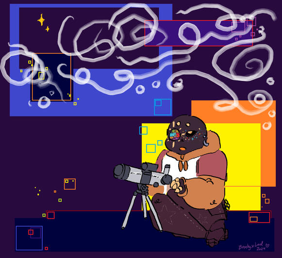 a skeleton sits with a telescope, looking up at swirling stars. background is abstract overlapping rectangles