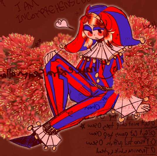 pomni the jester sitting among some flowers. her outfit has lots of bells on it. she glares at something out of frame, brings her knee up to her chest, and sighs. this is a digitally colored pencil sketch, with collaged photo & handwriting elements.