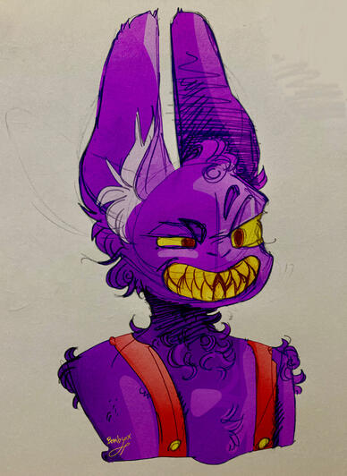 A purple, bunny-like anthro with a menacing grin. A pencil artwork colored digitally