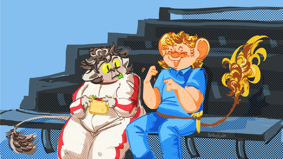 fix it felix and turbo as anthro mice, sitting on racing bleachers