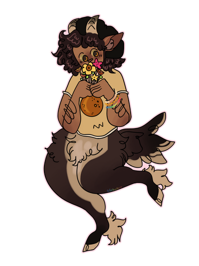 A satyr with coily hair, tan skin, and holding an edible arrangement. They look to the right and wear rainbow bracelets