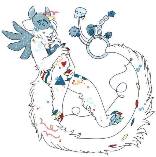 fluffy white creature with blue paw pads & a screen face. Their tail ends in a keychain loop, many beaded charms hook onto it