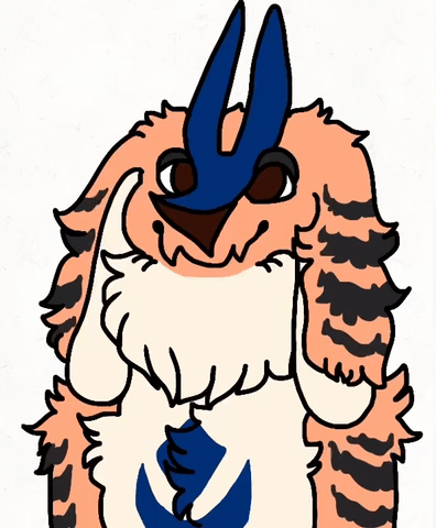 A tiger anthro with demon horns. This is animated. He grins and licks his nose repeatedly