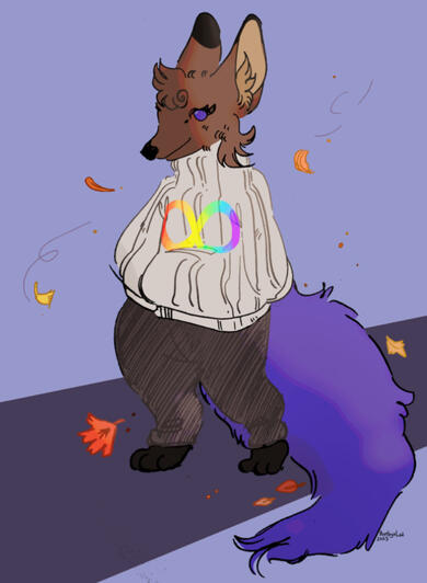 A fox walking along an autumn path. Her sweater has the autism infinity symbol