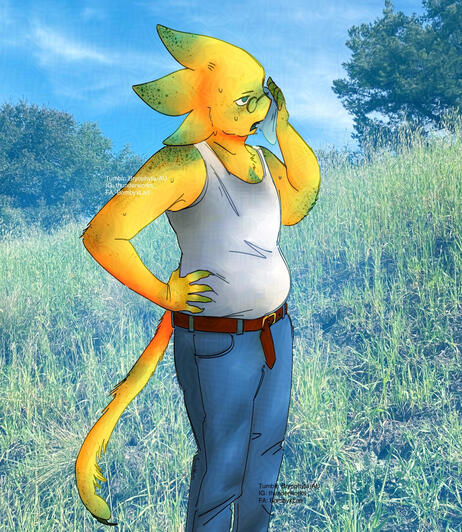 starlo from undertale yellow looking exhausted. background is a photo of a grassy hill