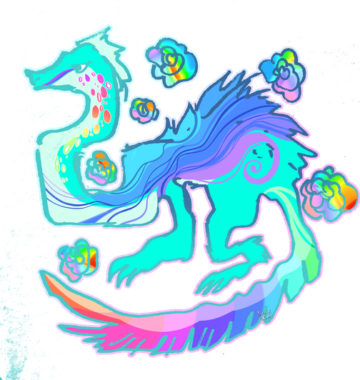 A long cyan dragon covered in rainbows, roses, and tears of sadness