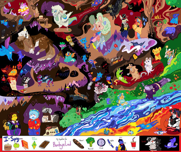 a huge scene of dragons and other beasts exploring a crystalline cave, with i-spy elements to find objects in the background