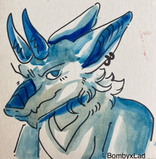 Smug dragon bust in blue watercolors. He’s got earrings and sharp horns