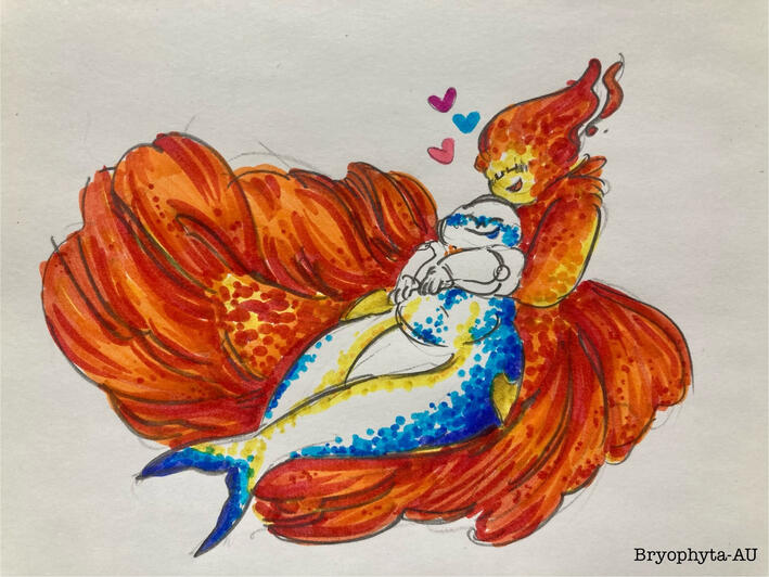 grillby and sans as mermaids, cuddling. grillby is a betta fish, sans is a tuna. marker drawing