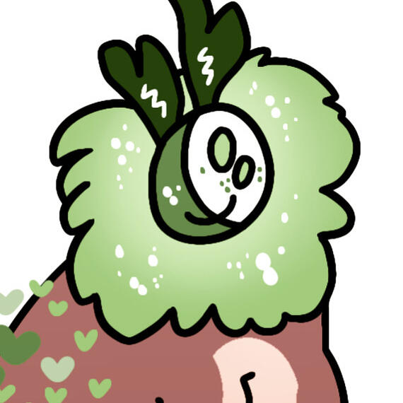 A brown worm creature with a fluffy green mane. They have deer-like antlers, plant sprouts along their back, and facial patterning like a crescent moon.